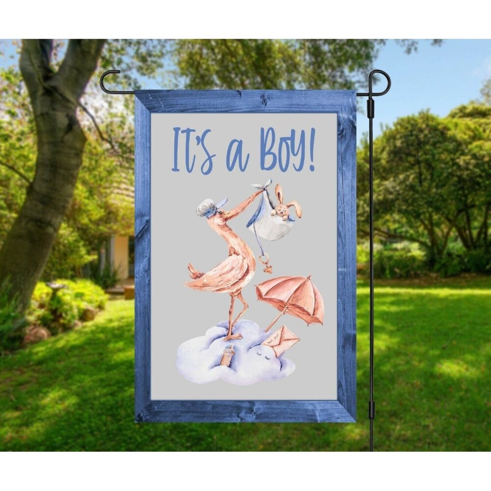 IT'S A BOY Double Sided 12 x 18 inches Garden Flag Blue with Stork Bringing Baby